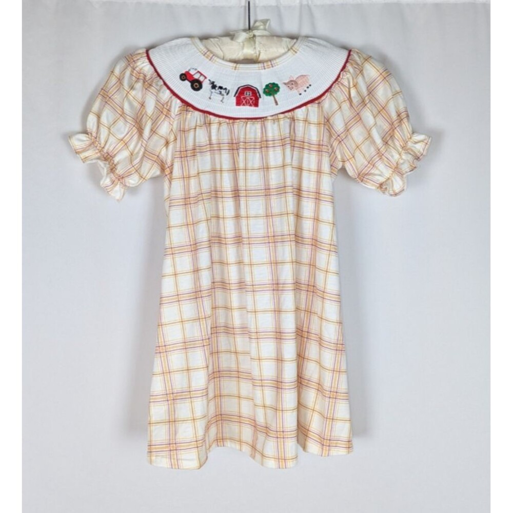Abbie & Evie Smocked Dress 7 Girl's Plaid Embroidered Farm Animals Pig Country
